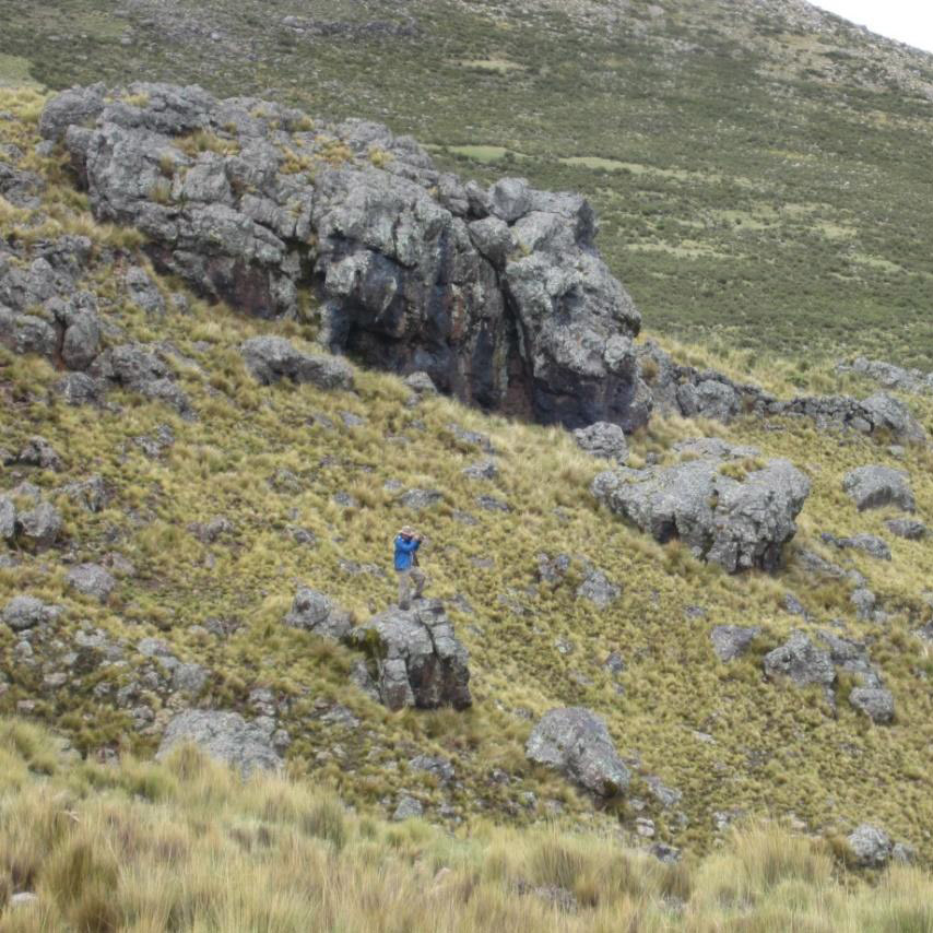 East End of Paco Orco contains large bodies of positive relief Jasperoid, formed within the intersection zone of the northwest trending gossan zone and northeast cross structures. Geologist for scale near center-left.